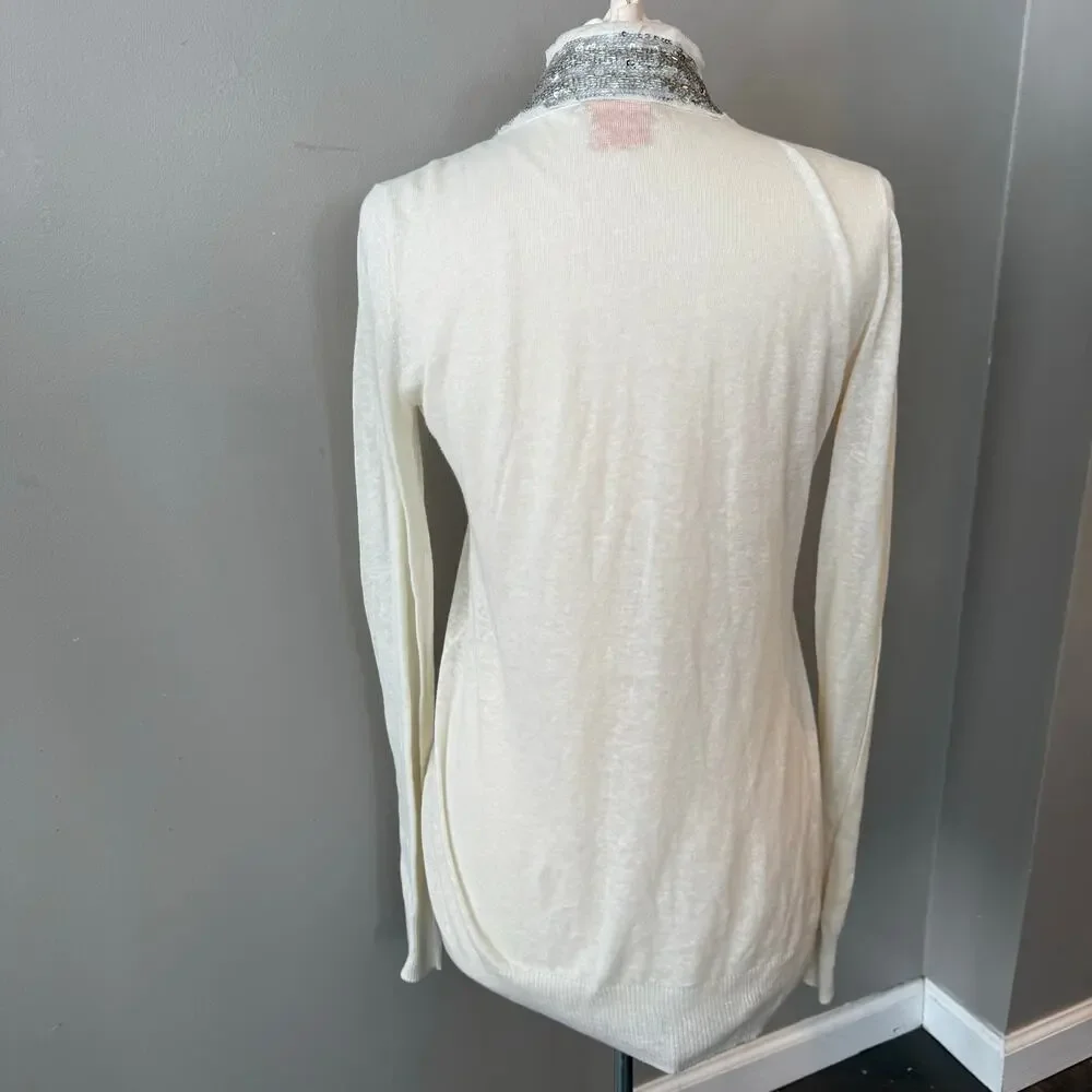 Tory Burch Open Front Long Cardigan Linen Cotton Sequin Thin Knit Sweater Sz Sml